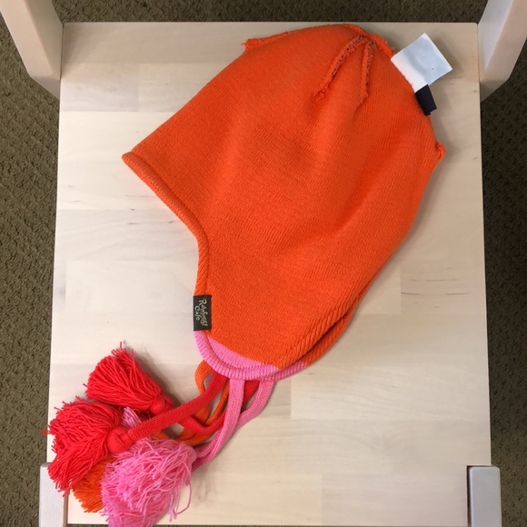 Rainforest Cafe Earflap Hat Knit Animal Paw Print Pink Orange Tassels One Size - Picture 8 of 9